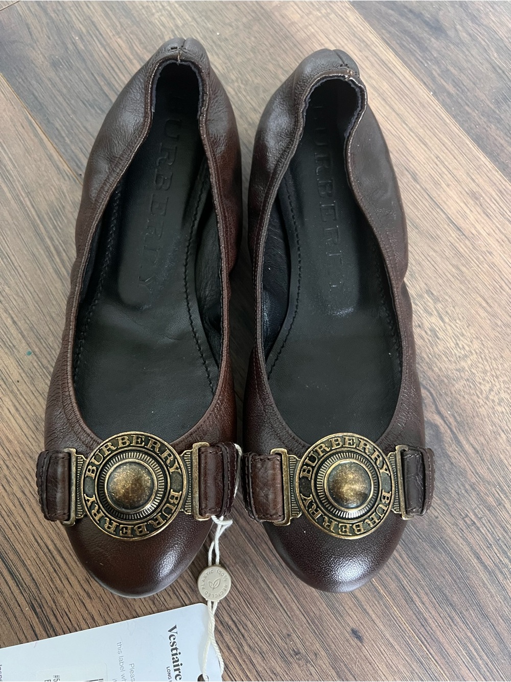 Burberry Brown Leather Ballerina Flats with vintage gold logo - Size 37